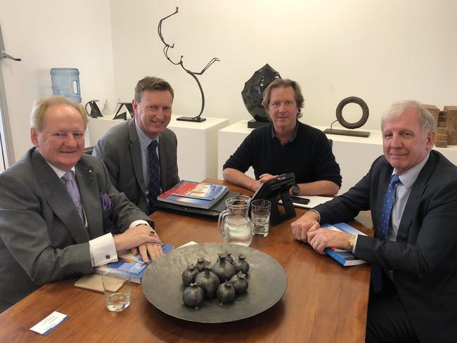 Meeting to discuss the future of Sculptures are (from left) Woollahra mayor Peter Cavanagh, Tom O’Hanlon, Sculpture by the Sea founding director David Handley and Gary James. Picture: Supplied.