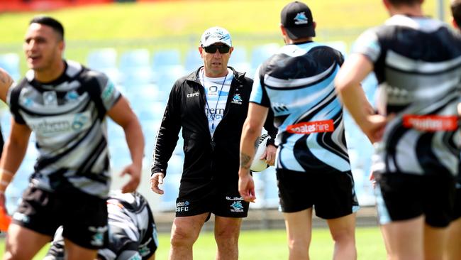 Shane Flanagan runs the show at Sharks training. Picture: Gregg Porteous