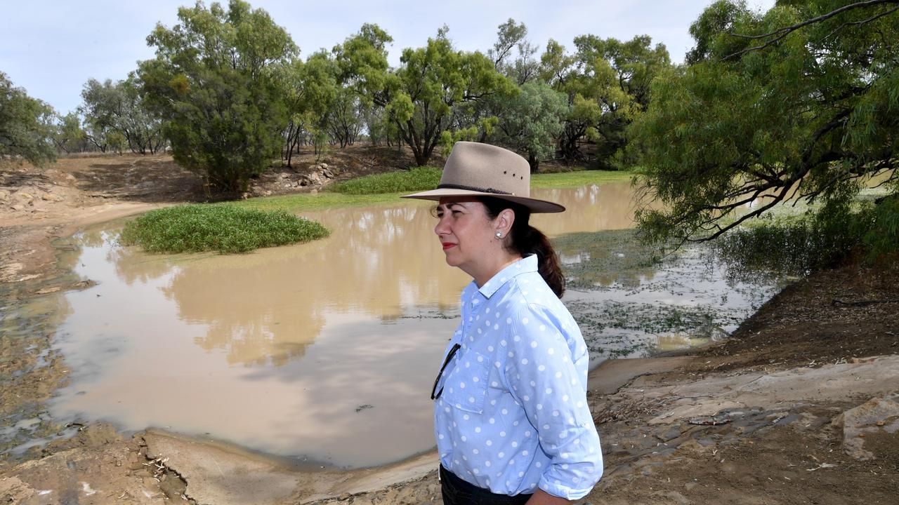 Queensland Premier Annastacia Palaszczuk is seen inspecting the Thomson River Weir at Longreach.