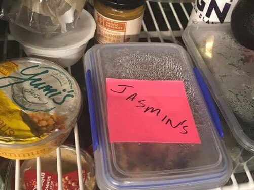 How jasmin kelly labels her lunch in the communal office fridge. Picture: Supplied