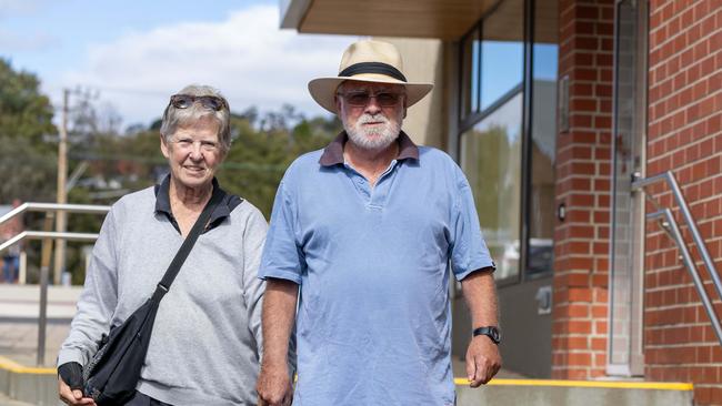 2024 Tasmanian State Election. Husband and wife Anne and Michael Harris of New Town voting at Sacred Heart College. Picture: Linda Higginson