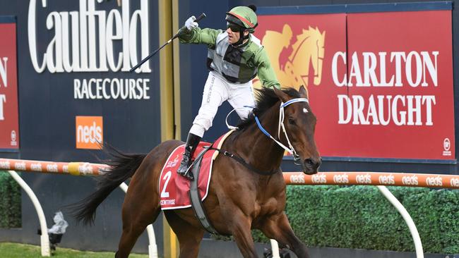 Brett Prebble winning the Caulfield Cup on Incentivise. Picture: Getty Images