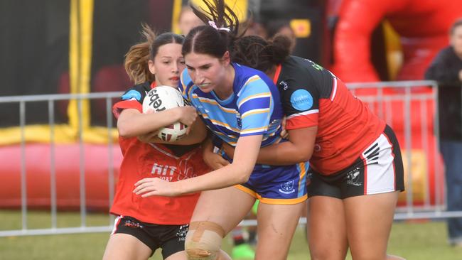 St Margaret Mary's College's Chantel Wilson (middle) has been named in the St George Dragons train-on squad for the 2025 Tarsha Gale Cup. Pictured during a women's game between Kirwan High and St Margaret Mary's College at Kirwan High. Picture: Evan Morgan