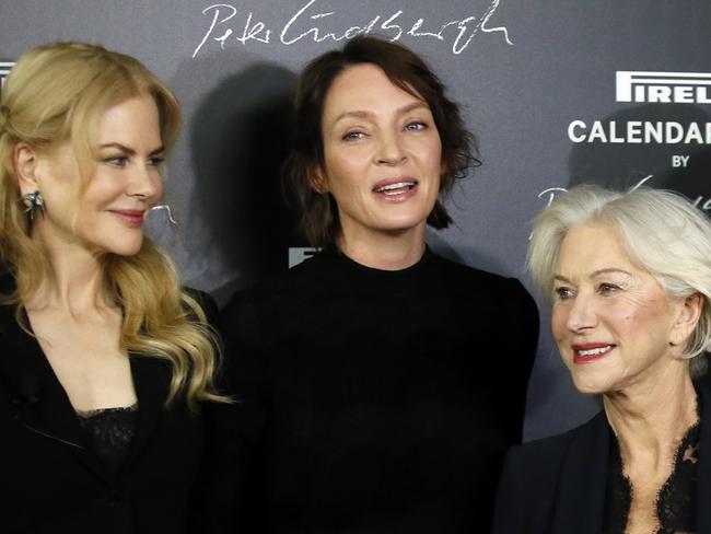 Nicole Kidman, Uma Thurman and Helen Mirren pose during a photo call in Paris. Picture: AP