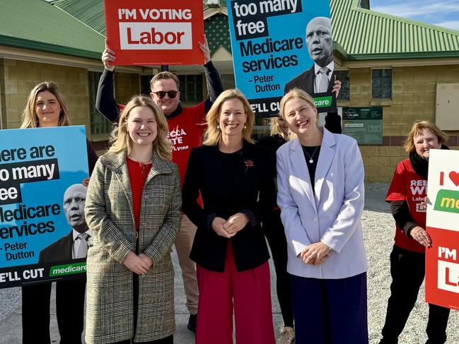 Labor's Heidi Heck, Rebecca White and Julie Collins at Bridgewater on Friday, May 2, 2025.