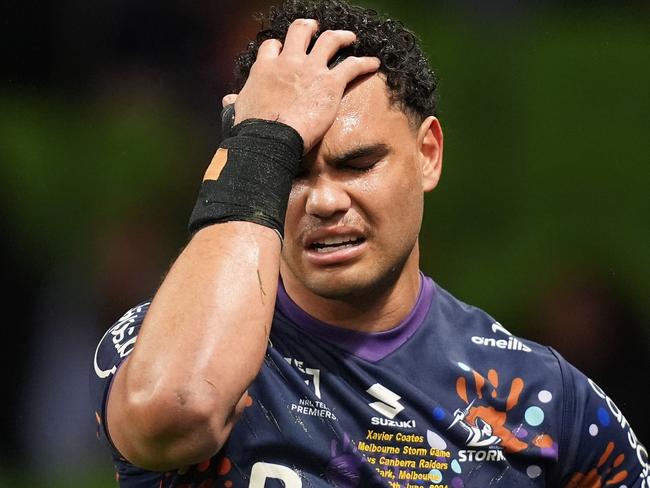 MELBOURNE, AUSTRALIA - JUNE 29: Xavier Coates of the Storm leaves the field with an injury during the round 17 NRL match between Melbourne Storm and Canberra Raiders at AAMI Park, on June 29, 2024, in Melbourne, Australia. (Photo by Daniel Pockett/Getty Images)