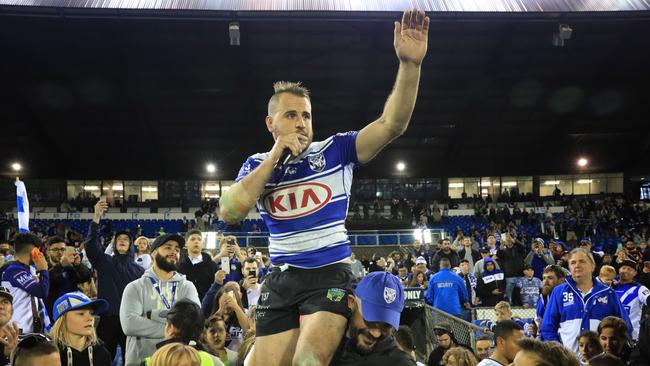 Josh Reynolds farewells the Bulldogs crowd after his last home game during the Canterbury Bulldogs v Newcastle Knights NRL round 18 game at Belmore Sports Ground. Pic Mark Evans