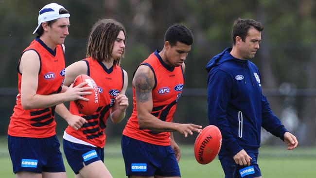 You’re in? Tim Kelly, second from right, talking with Geelong coach Chris Scott, right, during the pre-season.