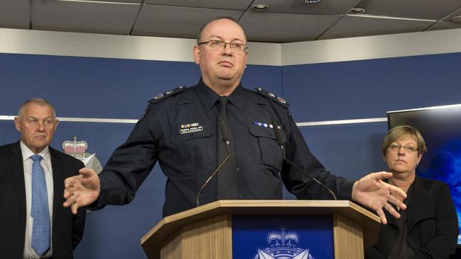 Police Association sec Ron Iddles, Chief Commissioner Graham Ashton and Police Minister Lisa Neville join forces. Picture: Mike Keating.