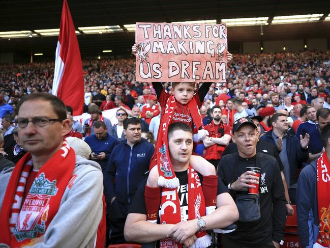 Liverpool fans in the stands after the English Premier League soccer match between Liverpool and Wolverhampton Wanderers. Picture: Peter Byrne/PA via AP