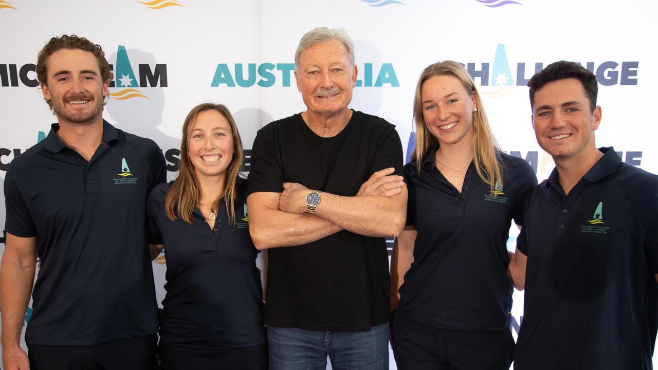 legend John Bertrand AO with the CYCA members George Richardson, Olivia Price, Evie Haseldine and Cole Tapper (Photo: Nic Douglass / @sailorgirlhq)