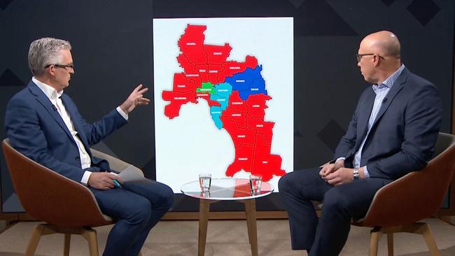 A map of metropolitan Melbourne shows two Liberal seats in a sea of red. Picture: ABC Insiders