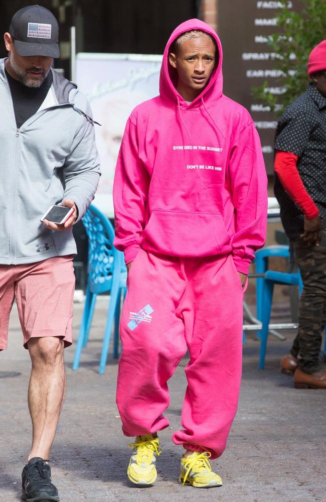 Jaden Smith had people doing a double-take wearing this hot pink tracksuit. Picture: Backgrid