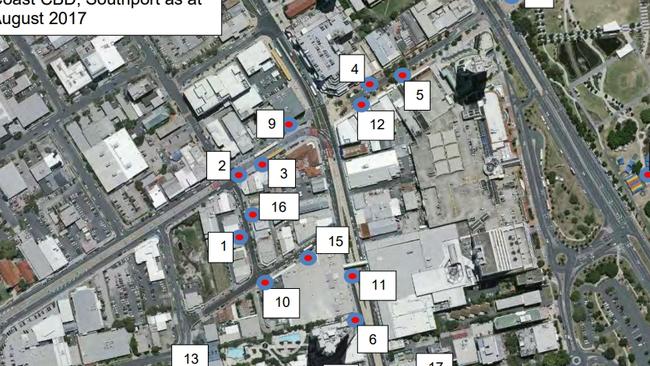 Gold Coast City Council's approved busking locations in the Southport CBD as of August 2017. Photo: Supplied