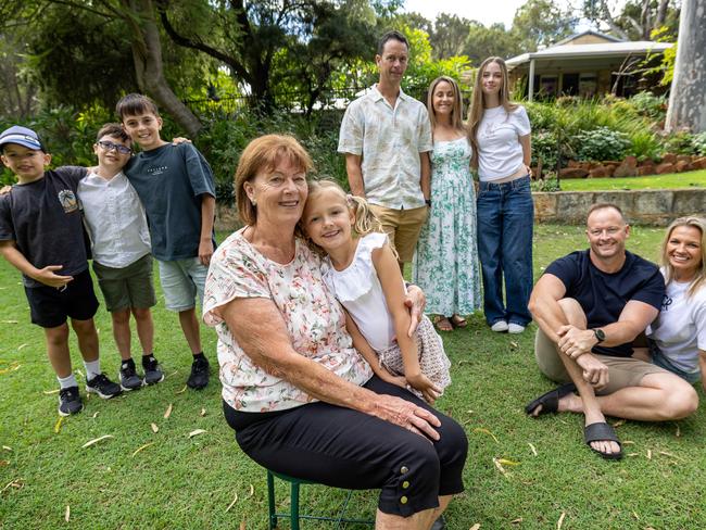 21/4/2025Grandsons Hugo (cap),  Ashton (glasses), Mason (denim shorts),Pat Abbott , granddaughter Mila, son Andrew (flower shirt), Sharon and daughter Alexis, son Mark and Sharon at Wanneroo.Pic Colin Murty
