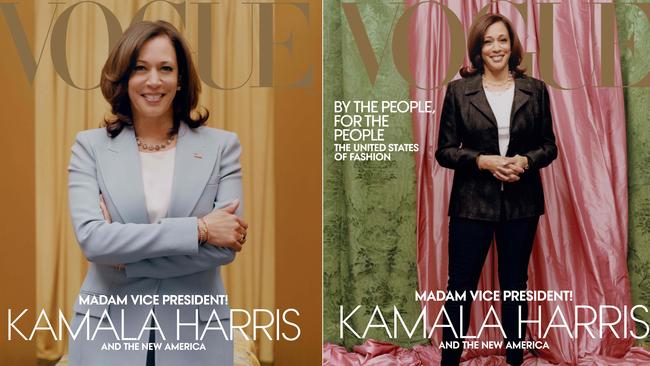 US Vice President-elect Kamala Harris in the print cover of the February issue of US Vogue (right). Criticism of the cover has spread on social media with the magazine later releasing an alternate digital cover (left). Picture: Tyler Mitchell / Vogue / AFP