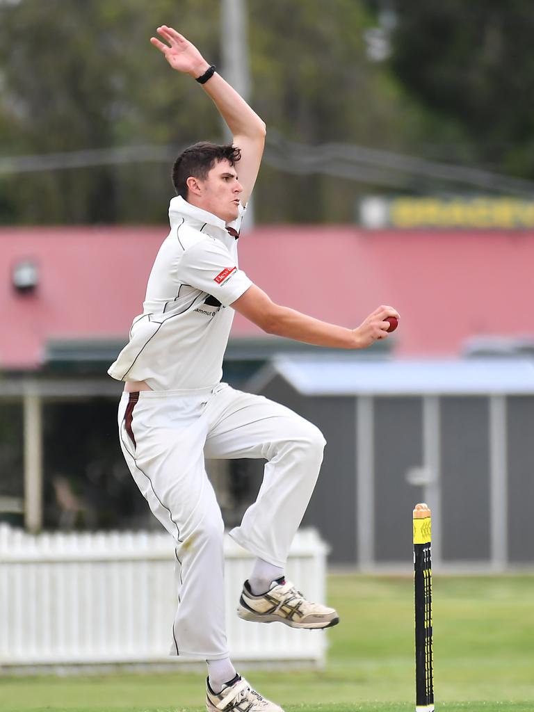 Jem Ryan bowls for Ipswich. Picture: John Gass