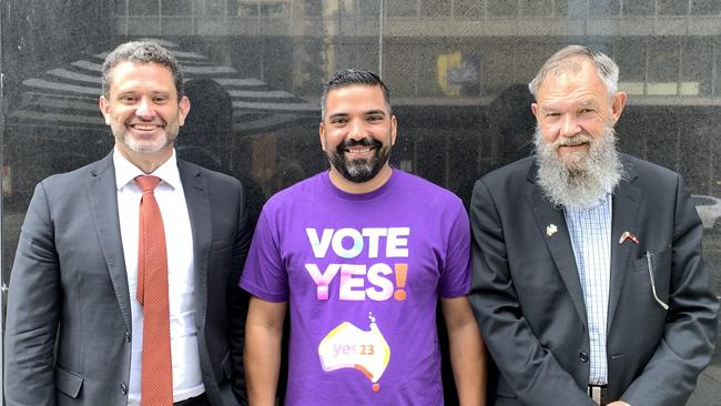 Attorney-General Kyam Maher, Yes23 campaign director Dean Parkin and SAACCON lead convener Scott Wilson. Picture: Emily Olle