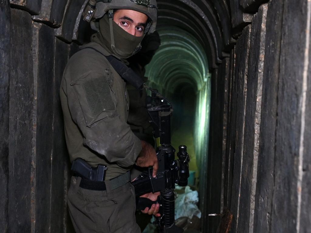 A soldier stands in what the Israeli army claims is a tunnel dug by Hamas militants inside the Al-Shifa hospital complex in Gaza City. Picture: Ahikam Seri/AFP