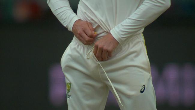 Broadcast footage captured Cameron Bancroft attempting to hide the sticking plaster he is alleged to have used to tamper with the ball.