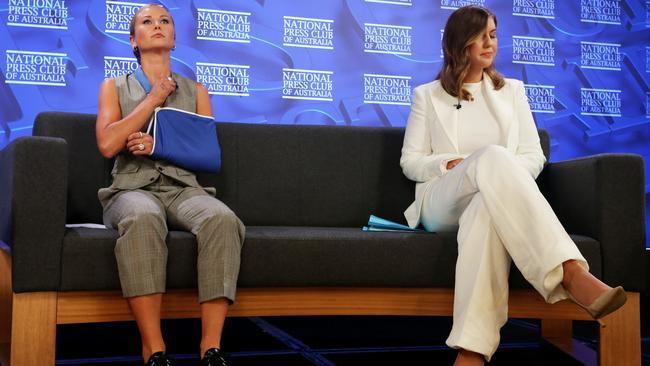 Grace Tame and Brittany Higgins ahead of addressing the National Press Club. Picture: Getty