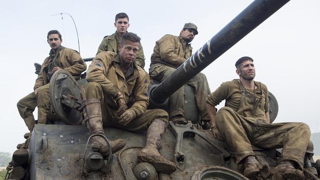 Hangin’ tough on a tank ... Shia LaBeouf, Logan Lerman, Brad Pitt, Michael Pena and Jon Bernthal in Fury.