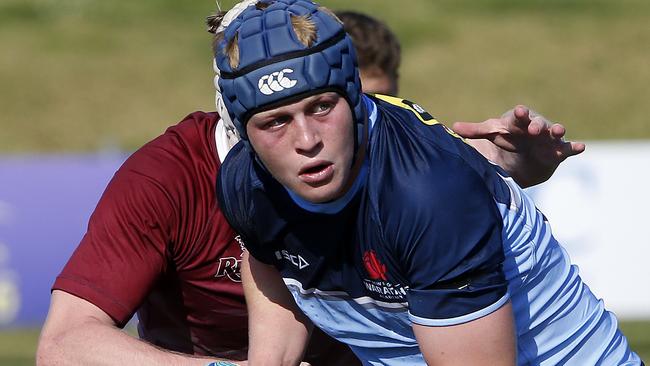 Waratahs' Luca Cleverley with the ball. Junior Rugby Union. Under 18s NSW Waratahs  v Queensland Reds. Picture: John Appleyard