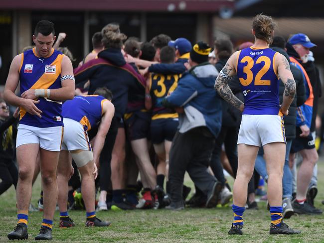 Lilydale players react after the final siren loosing against Doncaster East in the EFL Div 2 Grand Final at Tormore Reserve, Boronia, Melbourne, Saturday, September 15, 2018. Lilydale v Doncaster East. (AAP Image/James Ross) NO ARCHIVING