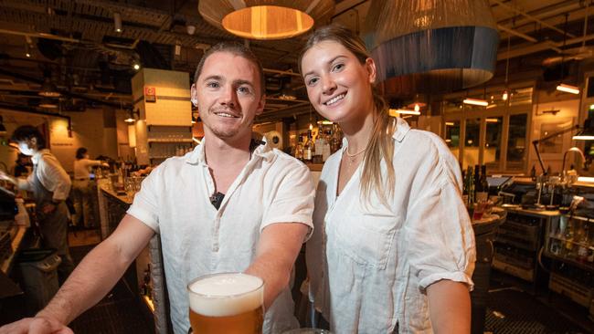 Bar manager Josh Crompton and bar tender Saskia Ferster are excited to be back at work at Coogee Pavilion. Picture: Julian Andrews