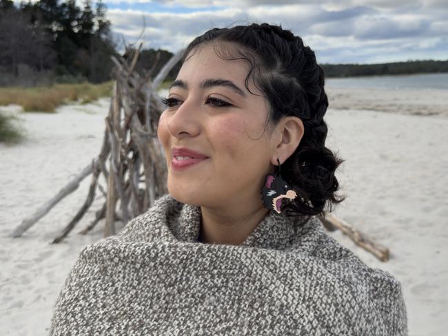 Tasmanian devil earrings handcrafted by Trinidad Roldan Rojas and modelled by her younger sister Isabella. Picture: Supplied