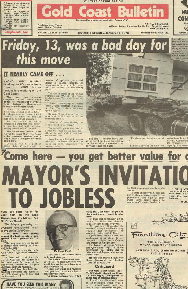 Gold Coast Bulletin 1978, January 14. Front Page.