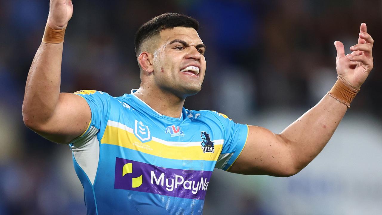GOLD COAST, AUSTRALIA - AUGUST 04: David Fifita of the Titans reacts during the round 23 NRL match between Gold Coast Titans and New Zealand Warriors at Cbus Super Stadium on August 04, 2023 in Gold Coast, Australia. (Photo by Chris Hyde/Getty Images)