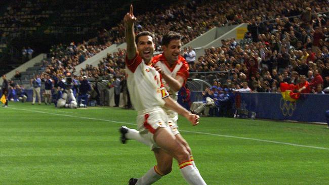 Spain’s Toni Velamazan celebrates his goal against South Korea during a Sydney 2000 Olympics clash at an expanded Hindmarsh Stadium.