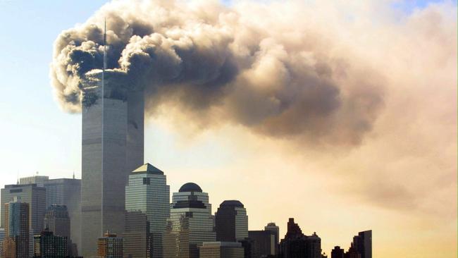 Smoke billows out of the top floors of the World Trade Center. Picture: AFP