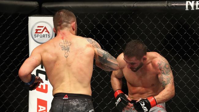 Volkanovski KO’d Chad Mendes (right) in his previous fight. Picture: Getty