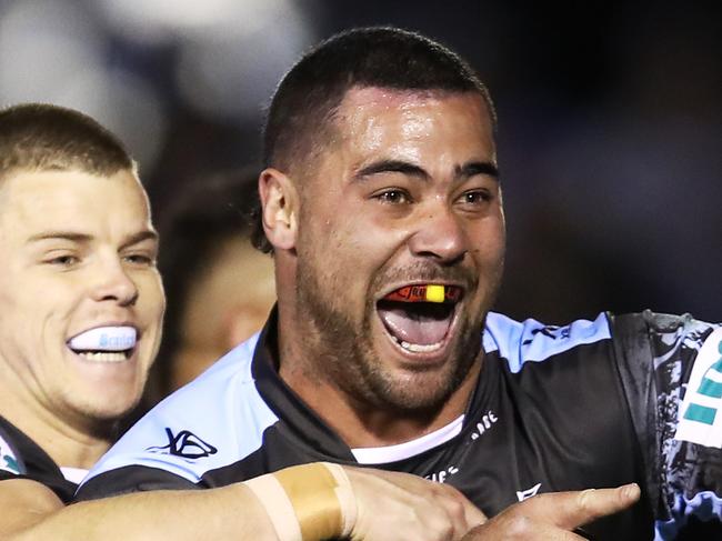 Andrew Fifita of the Sharks celebrates after scoring a try  during the Round 19 NRL match between the Cronulla-Sutherland Sharks and the Canberra Raiders at Southern Cross Group Stadium in Sydney, Friday, July 20, 2018. (AAP Image/Brendon Thorne) NO ARCHIVING, EDITORIAL USE ONLY