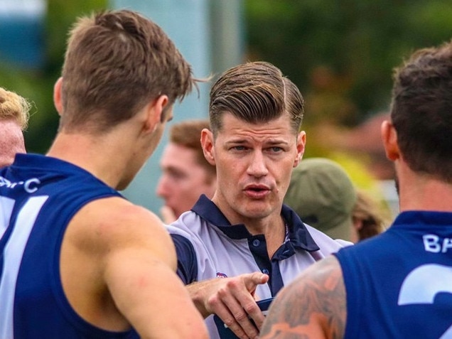 Broadbeach Cats QAFL coach Beau Zorko addresses the players. Picture credit: Travis Johnson.