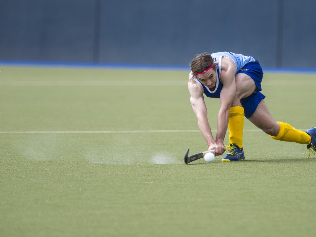 Max Harding of Toowoomba 1 against Sunshine Coast in Hockey Queensland Championships at Clyde Park, Sunday, May 2, 2021. Picture: Kevin Farmer