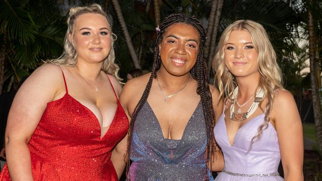 Maddie Hayes, Tanya Gegeyo and Emily Smith at the Mackay Northern Beaches State High School Senior Formal Class of 2022 held at Mantra Mackay Marina. Picture: Michaela Harlow