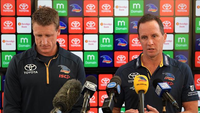 Head of football Brett Burton, right, and coach Don Pyke speak to the media on June 23, 2018. Picture: Daniel Kalisz/Getty