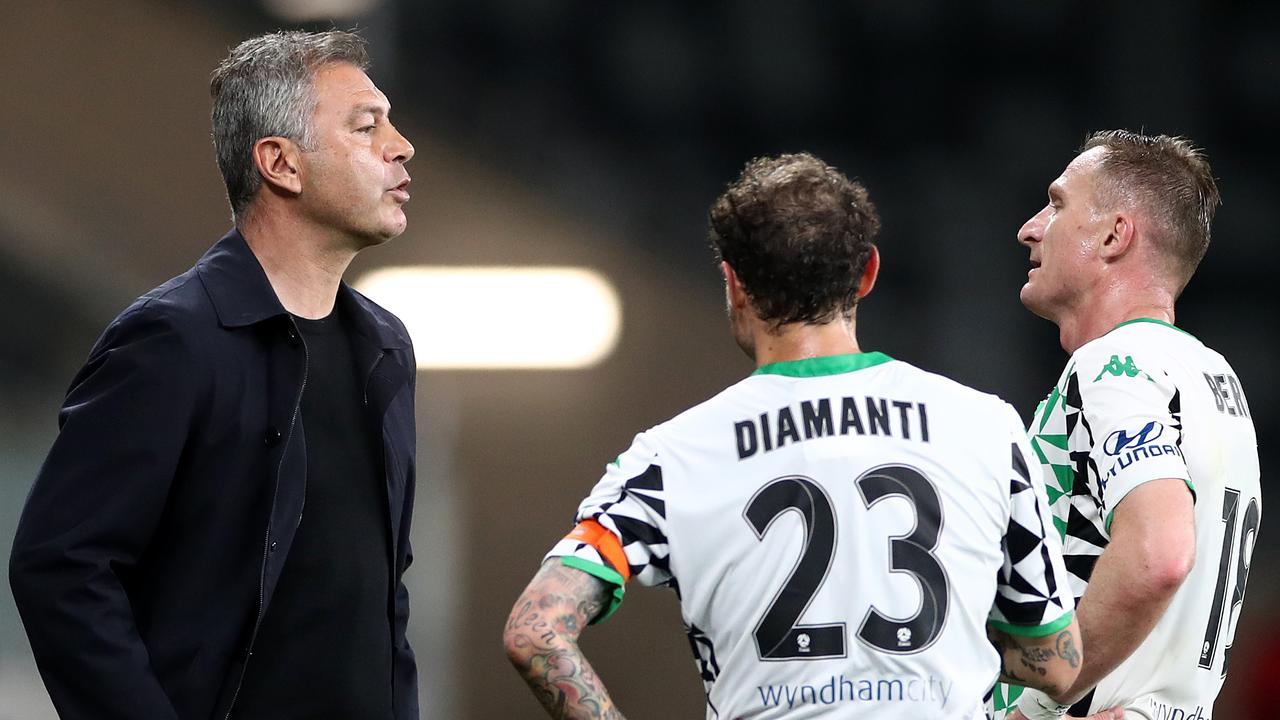 Western United coach Mark Rudan (left) and key pair Alessandro Diamanti and Besart Berisha will have to again get used to VAR. Picture: Cameron Spencer/Getty Images)\