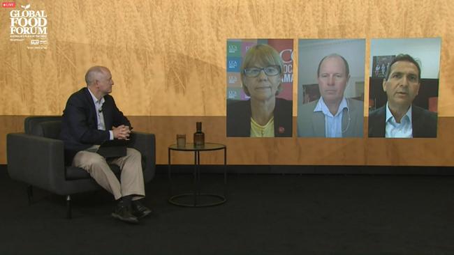 The Australian's Damon Kitney chairs the panel discussion between (L-R) Alison Watkins, Rob McGavin &amp; George Zoghbi at the Global Food Forum 2020.