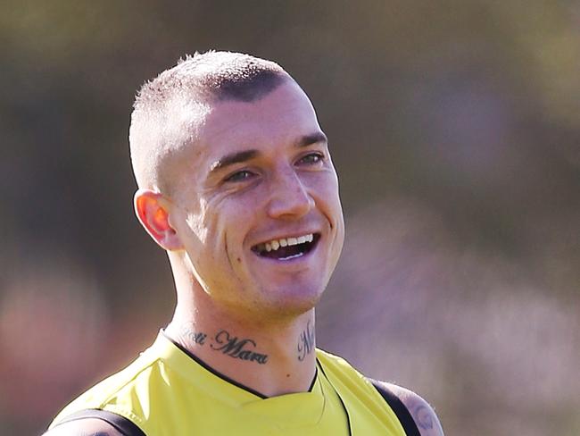 MELBOURNE, AUSTRALIA - MARCH 27: Dustin Martin of the Tigers reacts during a Richmond Tigers AFL training session at Punt Road Oval on March 27, 2019 in Melbourne, Australia. (Photo by Michael Dodge/Getty Images)