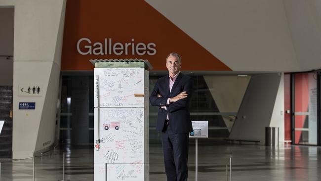 National Museum of Australia director Mat Trinca with the Bungendore fridge. Picture Gary Ramage.