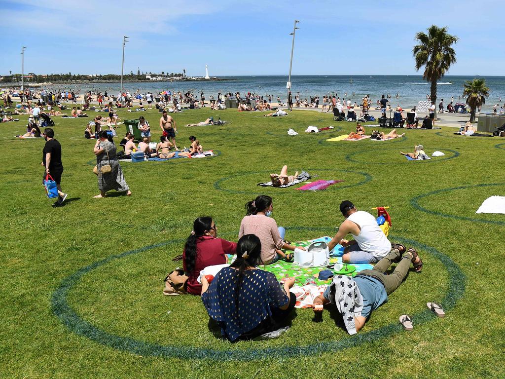 Life still looks a lot different at Melbourne's St Kilda Beach. Picture William West/AFP