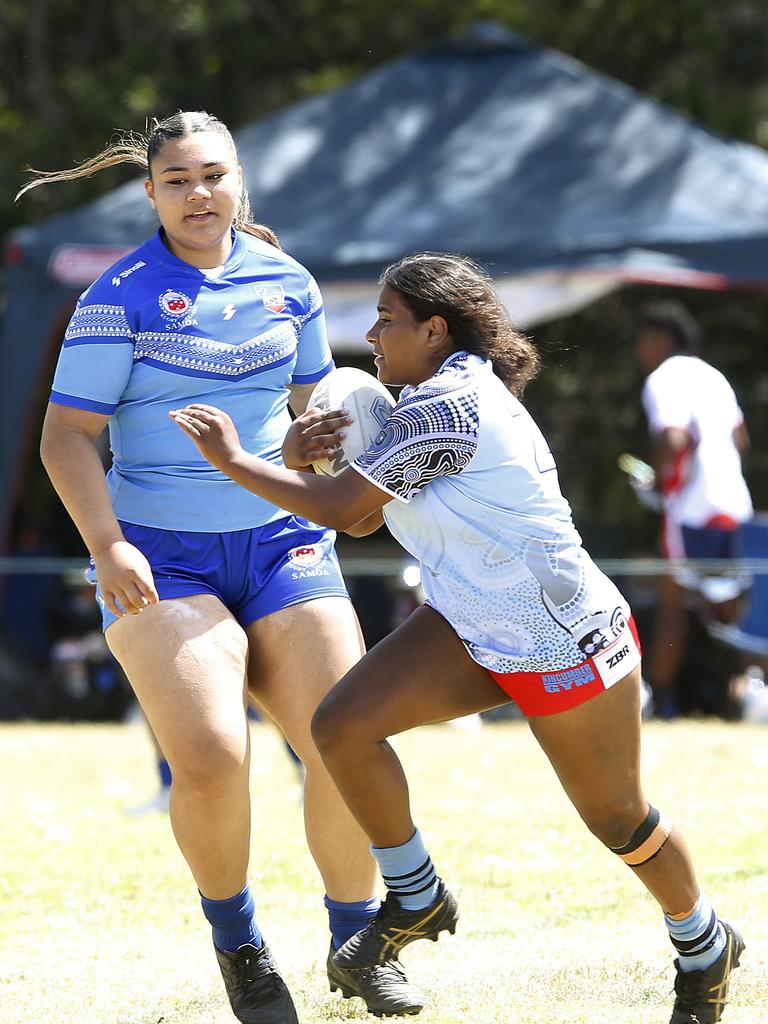 Action from Under 16 Girls NSW Indigenous v Samoa Blue. Harmony Nines Rugby League. Picture: John Appleyard