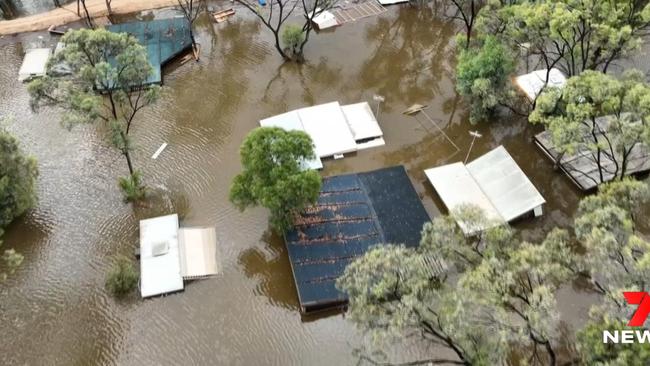 Kingston-on-Murray caravan park underwater after a levee failure on Wednesday. Picture: 7NEWS