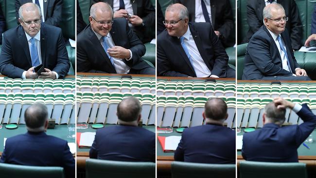 Scott Morrison and Anthony Albanese face off at Parliament House yesterday. Pictures: Gary Ramage