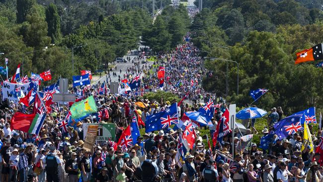 The PM urged protesters to be peaceful. Picture: NCA NewsWire / Martin Ollman