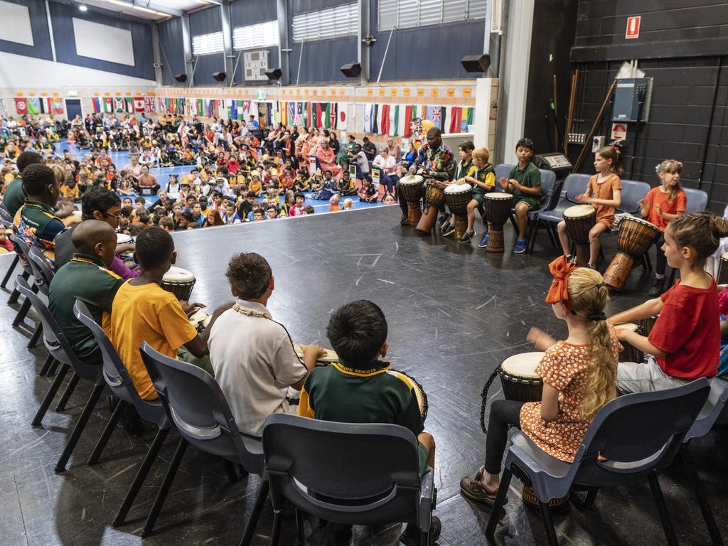 African drumming showcase during Harmony Day celebrations at Darling Heights State School. Picture: Kevin Farmer